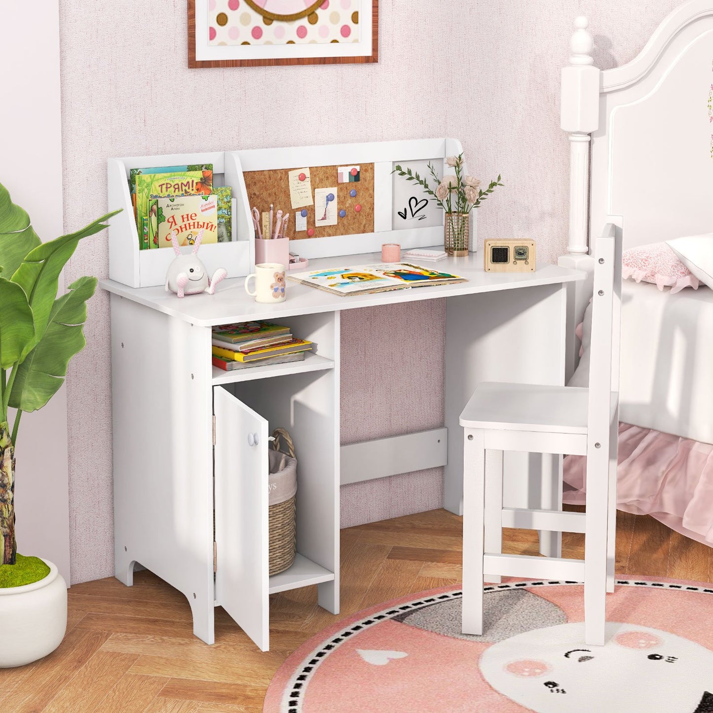 Wooden Kids Study Desk and Chair Set with Storage Cabinet and Bulletin Board, White