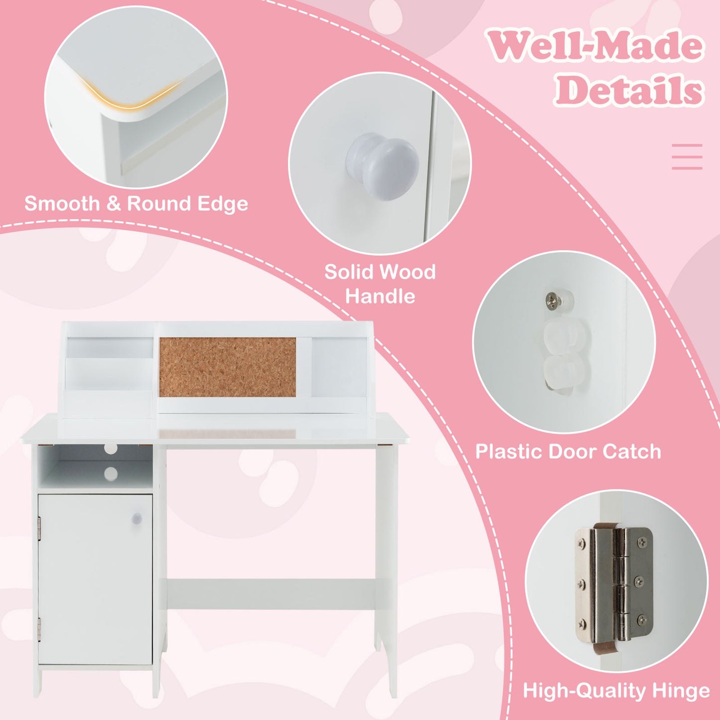 Ensemble Bureau et Chaise d'Étude pour Enfants en Bois, Armoire de Rangement Tableau d'Affichage, Blanc