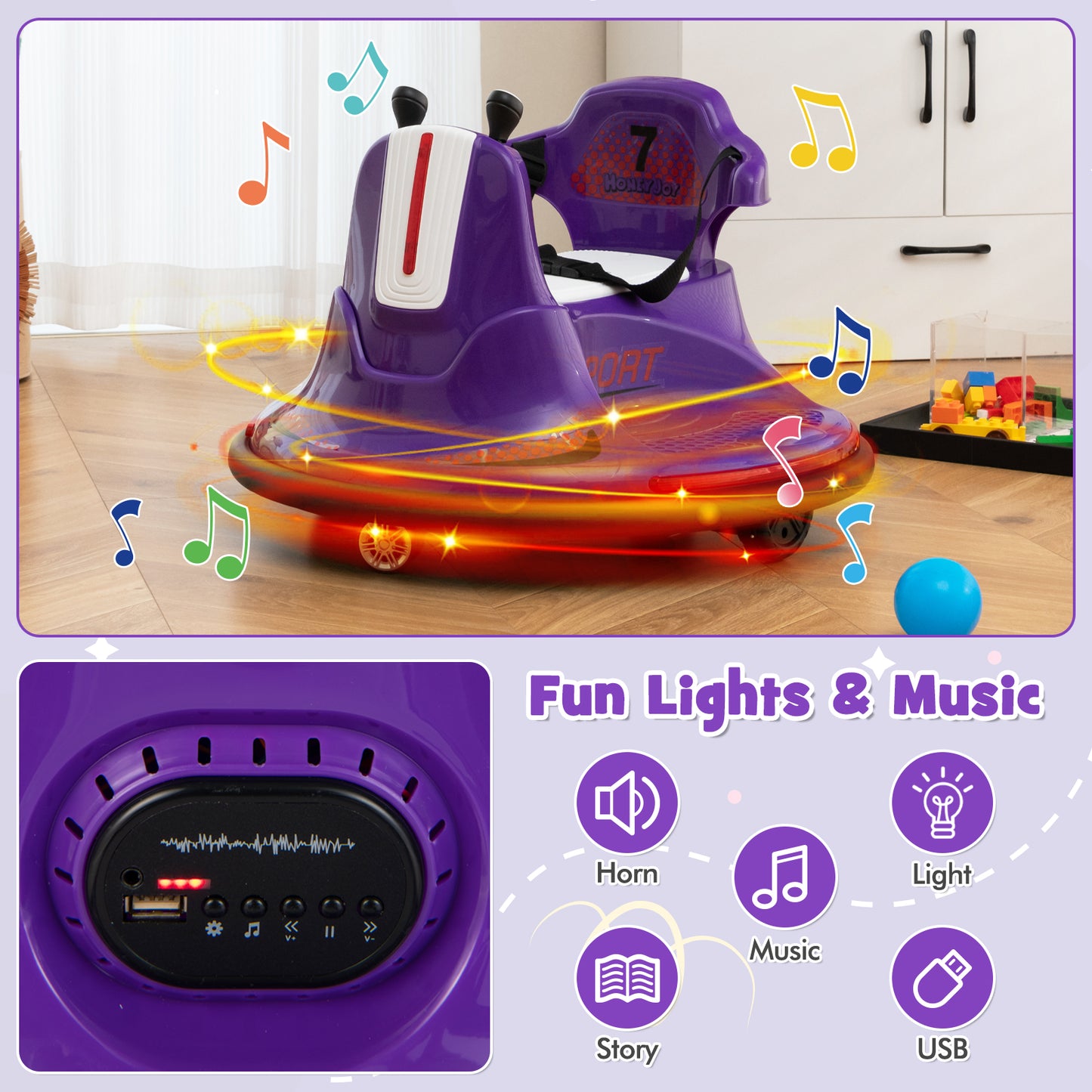 12V Kids Ride On Bumper Car, Remote Control, Lights, Music, Purple Powered Ride On Toys at Gallery Canada