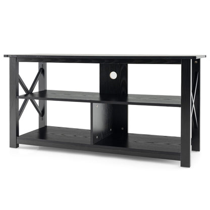 3 Tier Wood TV Stand for 55-Inch with Open Shelves and X-Shaped Frame, Black