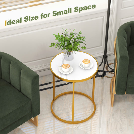16 Inch Marble Top Round Side Table, Metal Frame, Set of 2, Golden End & Side Tables Golden at Gallery Canada