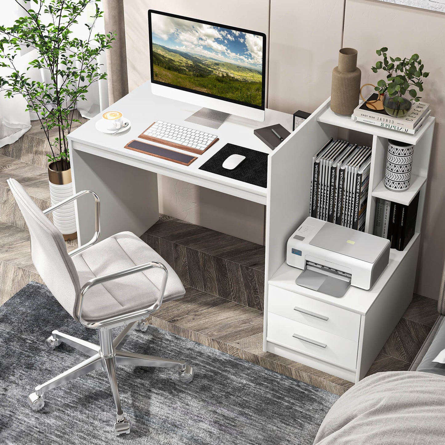 Computer Desk With Bookshelf And Drawers, White Computer Desks at Gallery Canada