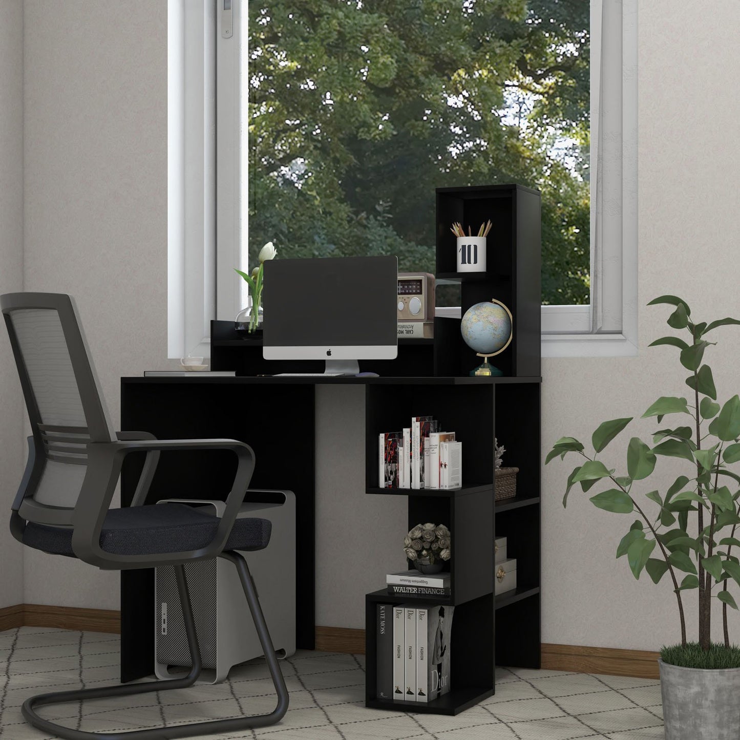 Modern Computer Desk with Storage Bookshelf and Hutch for Home Office, Black