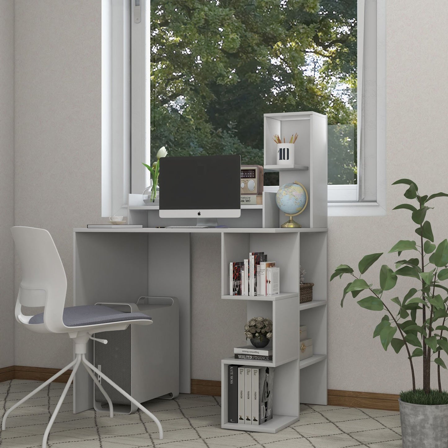 Modern Computer Desk with Storage Bookshelf and Hutch for Home Office, White
