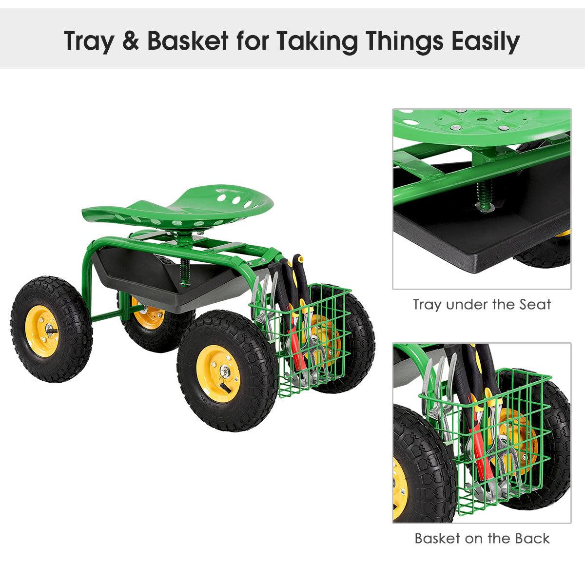 Garden Cart Rolling Work Seat, Heavy Duty Tool Tray, Green Garden Carts at Gallery Canada