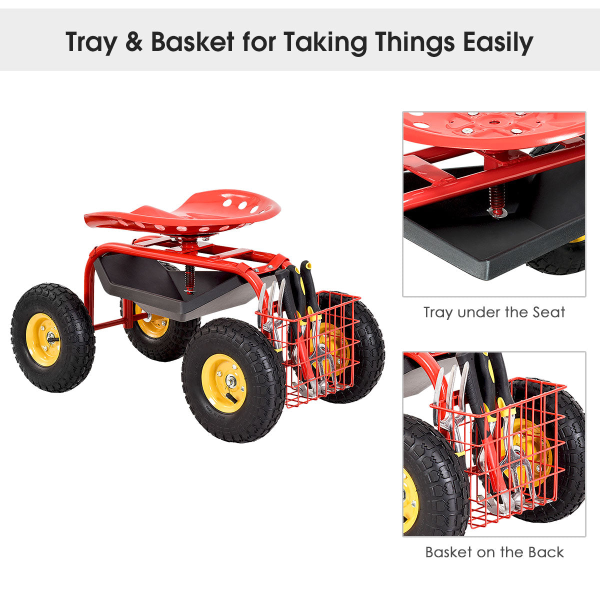 Garden Cart Rolling Work Seat With Tool Tray, 2 Colors, Red Garden Carts at Gallery Canada