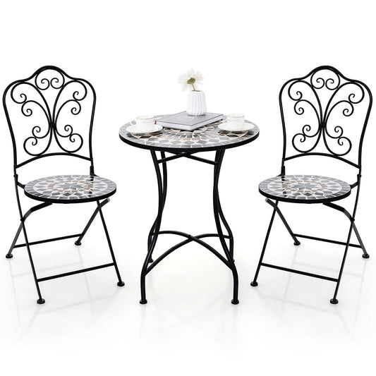 3 Piece Patio Bistro Set with Round Table and 2 Folding Chairs, Gray