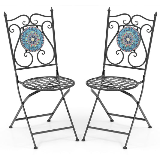 Set of 2 Mosaic Chairs for Patio Metal Folding Chairs-A, Black