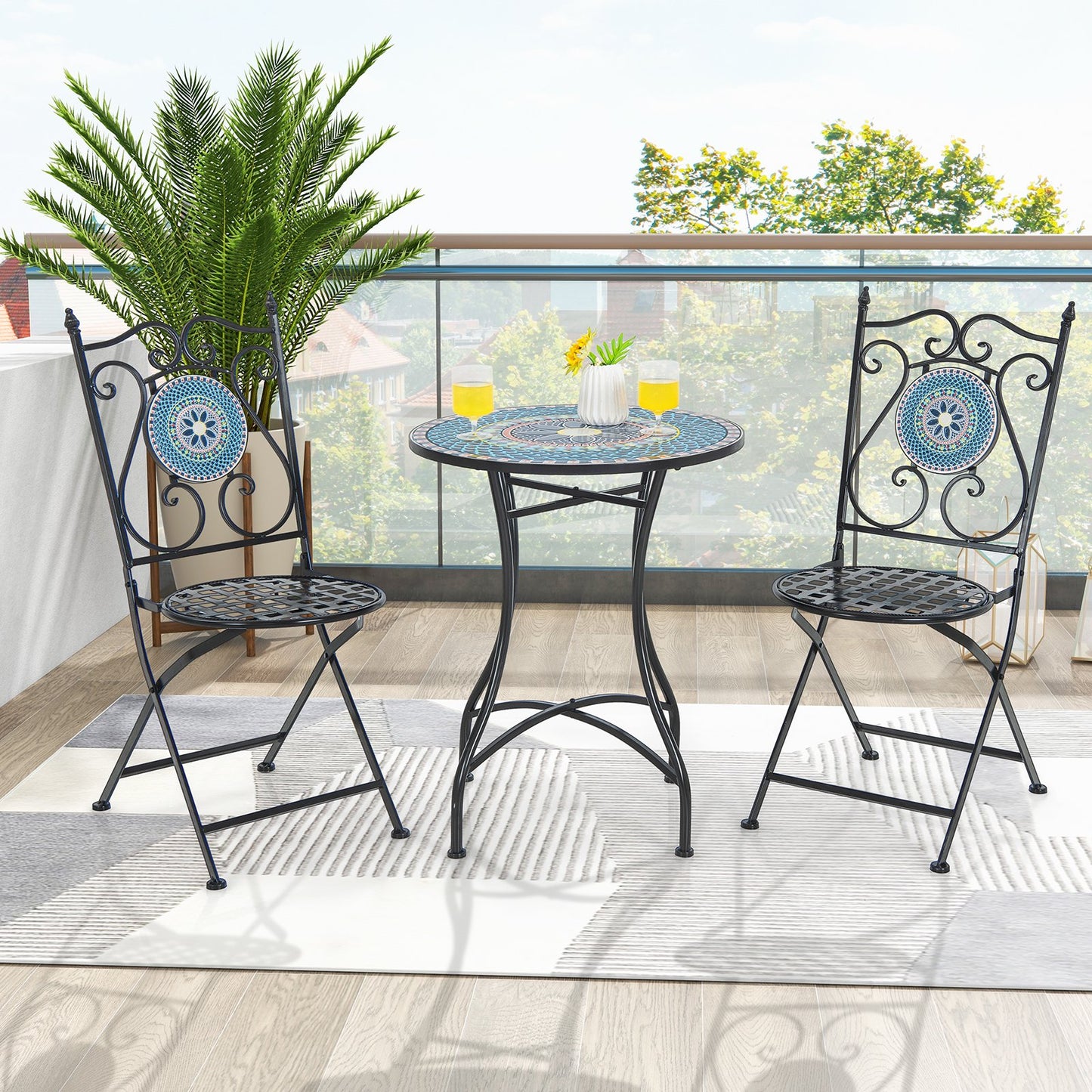 Set of 2 Mosaic Chairs for Patio Metal Folding Chairs-A, Black