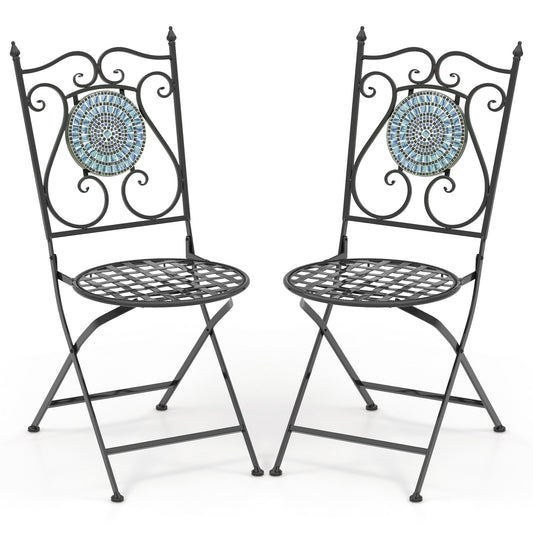 Set of 2 Mosaic Chairs for Patio Metal Folding Chairs-B, Black