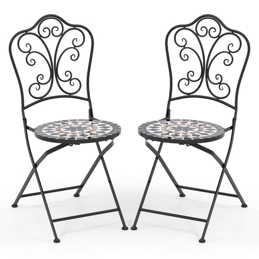 Set of 2 Mosaic Chairs for Patio Metal Folding Chairs-C, Black