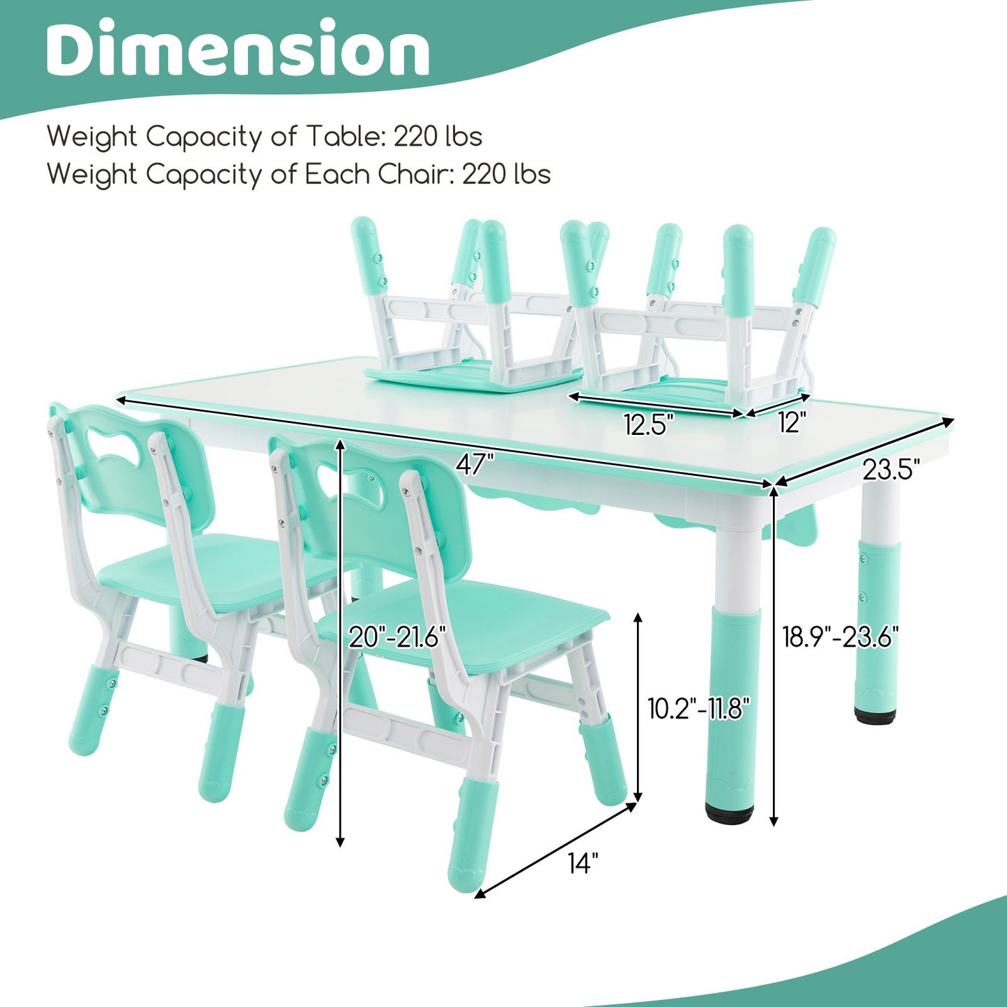 Kids Table and Chairs Set for 4 with Graffiti Desktop, Green