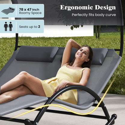 Outdoor Dual Rocker Sunbed 2-Person Canopied Patio Lounger with Detachable Headrests, Gray