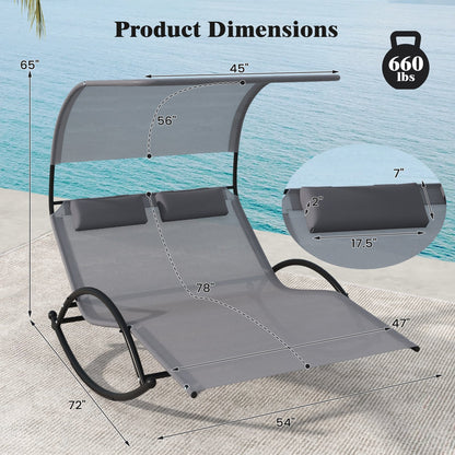 Outdoor Dual Rocker Sunbed 2-Person Canopied Patio Lounger with Detachable Headrests, Gray