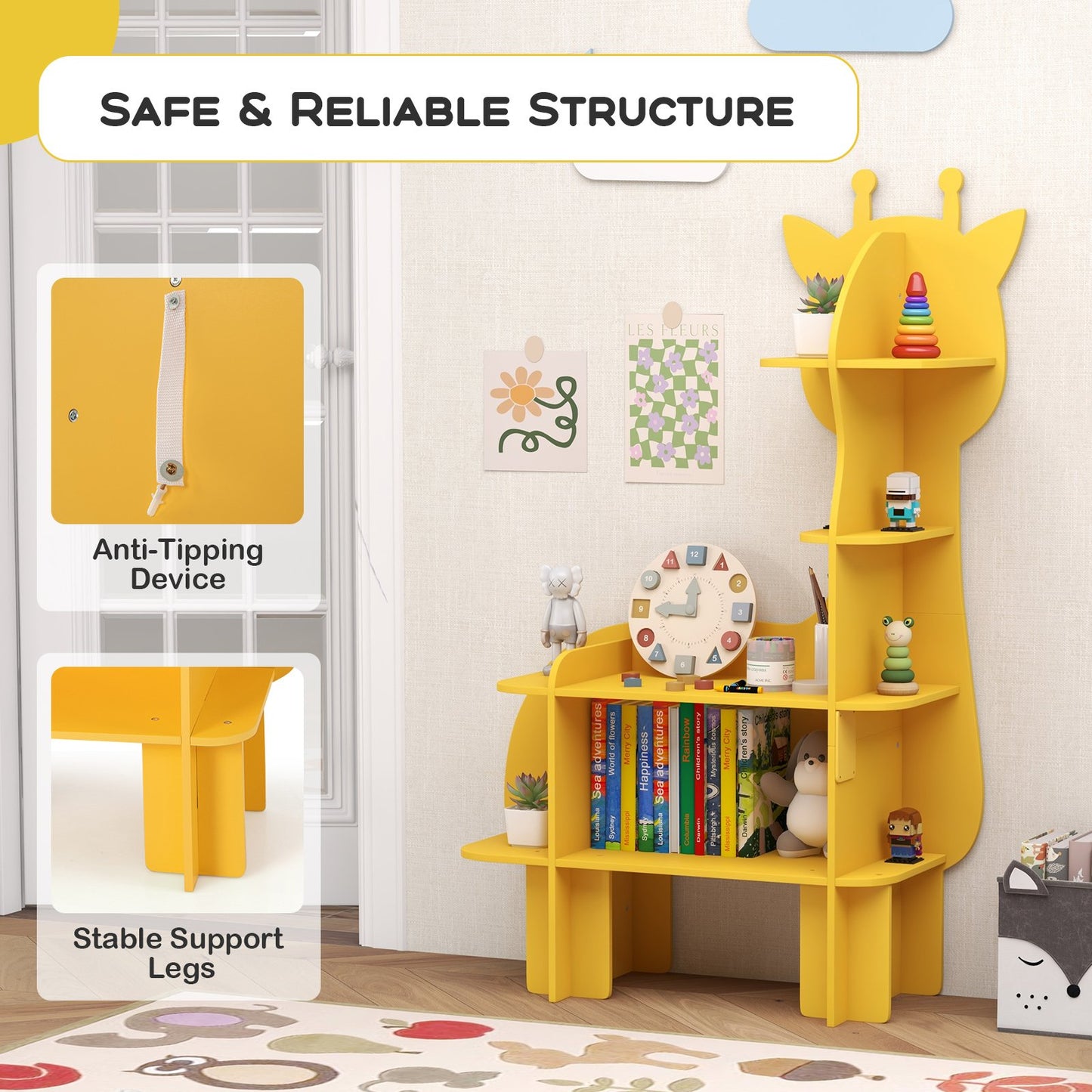 Kids Bookcase Toy Storage Organizer with Open Storage Shelves-Giraffe, Yellow