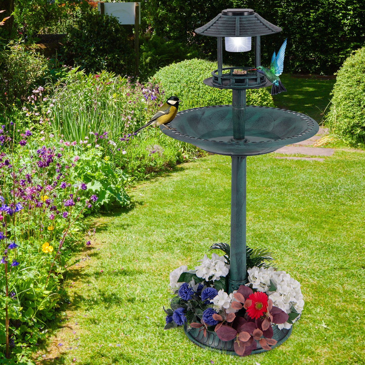 Pedestal Bird Bath with Solar Light with Bird Feeder and Flower Planter, Green