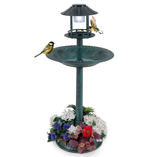 Pedestal Bird Bath with Solar Light with Bird Feeder and Flower Planter, Green