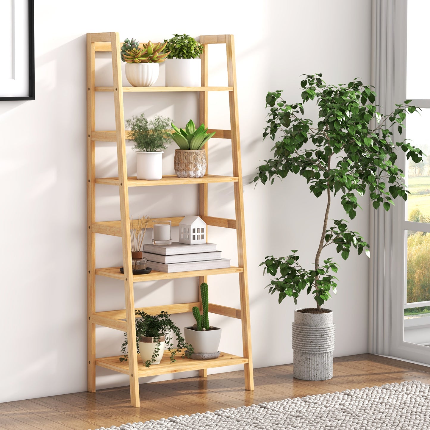 47.5 Inch 4-Tier Multifunctional Bamboo Bookcase Storage Stand Rack, Natural