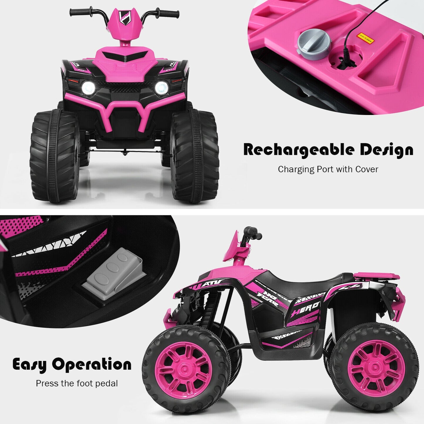 12V Kids Ride on ATV with LED Lights and Treaded Tires and LED lights, Pink Powered Ride On Toys at Gallery Canada