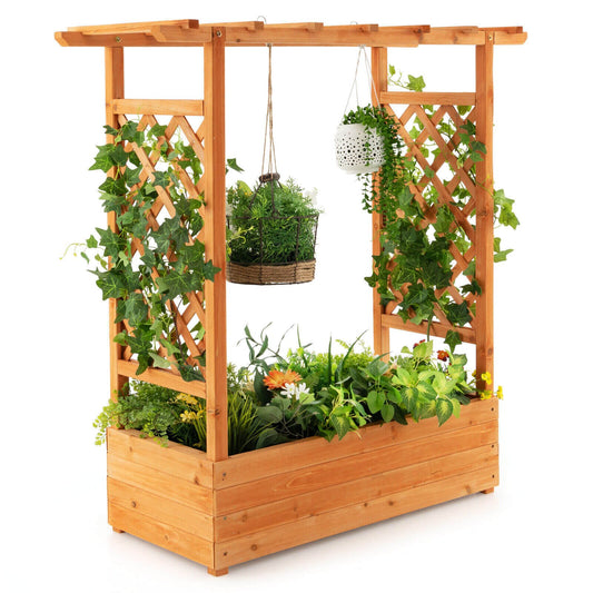 Raised Garden Bed with Trellis or Climbing Plant and Pot Hanging, Natural