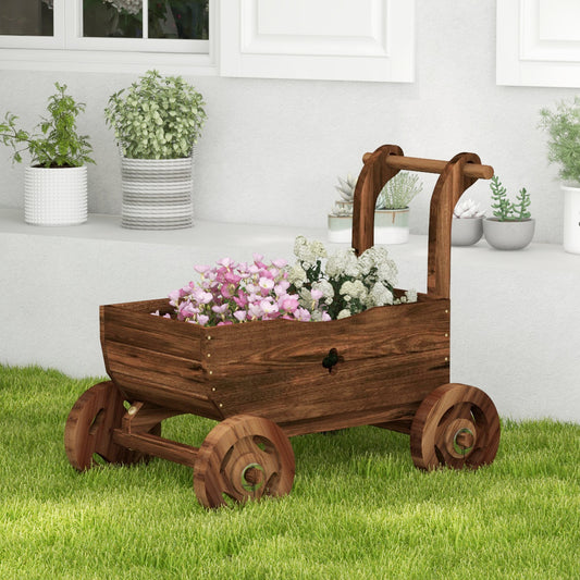Wooden Wagon Cart With Handle Wheels, Drainage Hole, Rustic Brown Raised Garden Beds Rustic Brown at Gallery Canada
