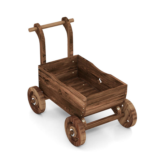 Decorative Wooden Wagon Cart with Handle Wheels and Drainage Hole, Rustic Brown