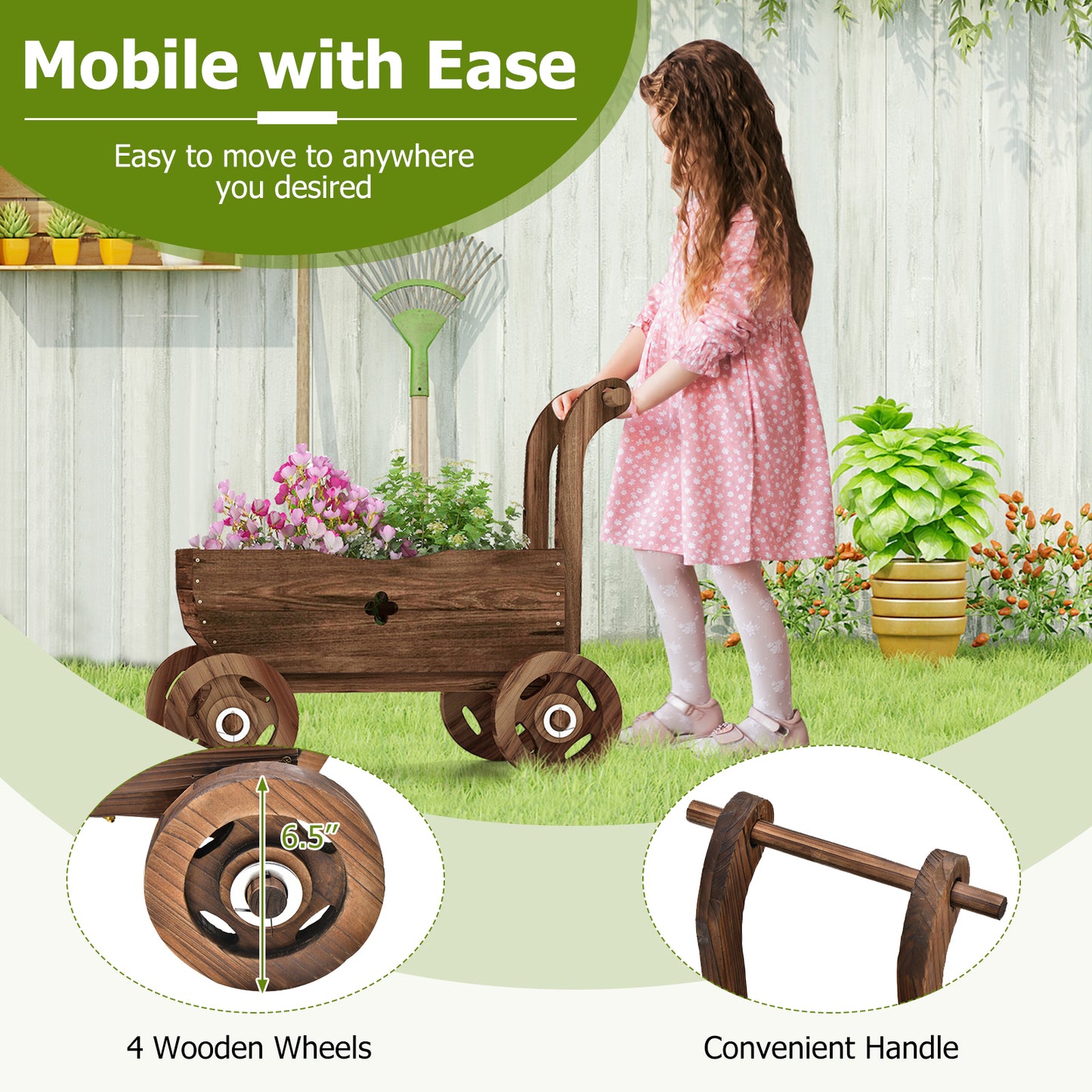 Wooden Wagon Cart With Handle Wheels, Drainage Hole, Rustic Brown Raised Garden Beds at Gallery Canada