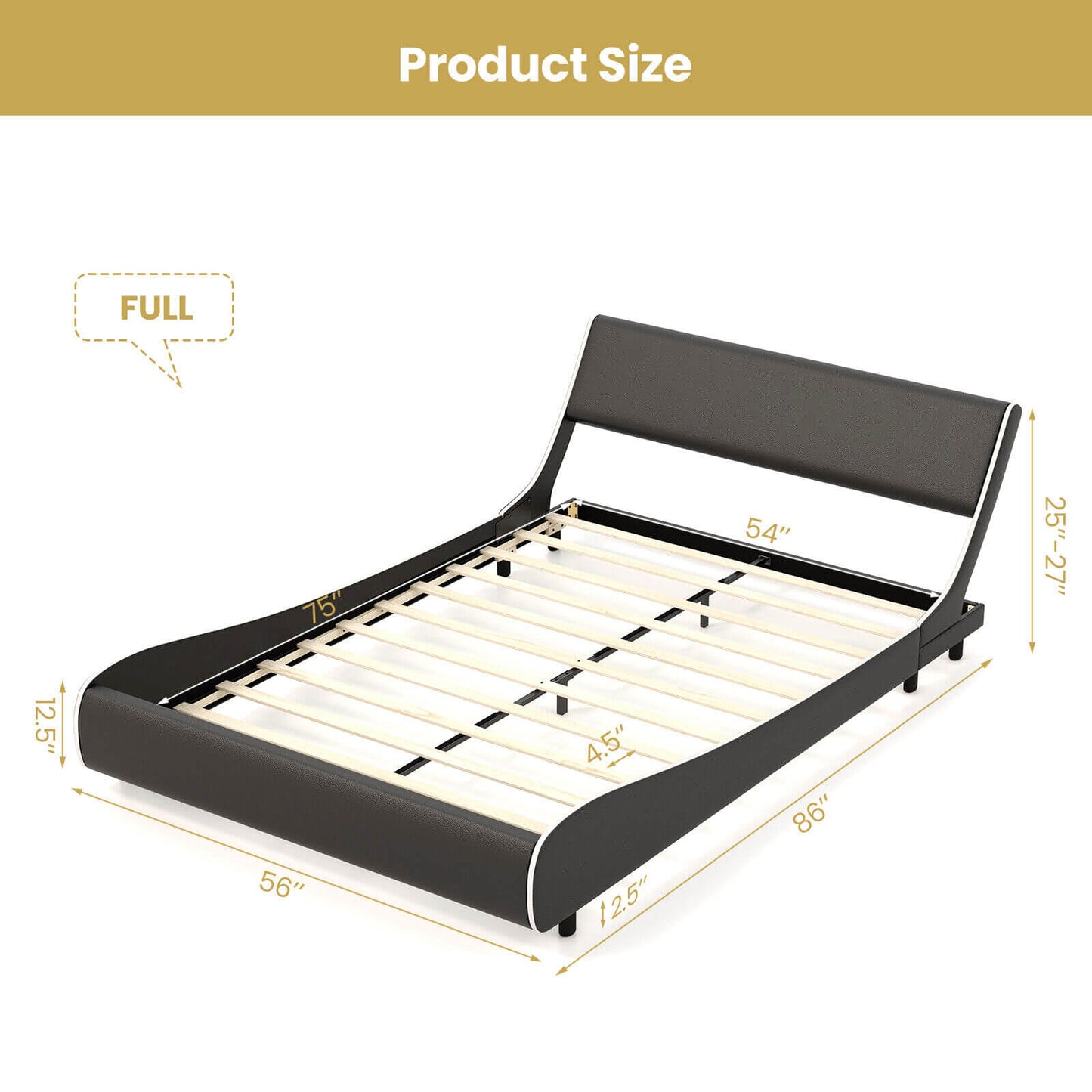 Upholstered Platform Bed Frame Low Profile Faux Leather with Curved Headboard-Full Size, Black & White
