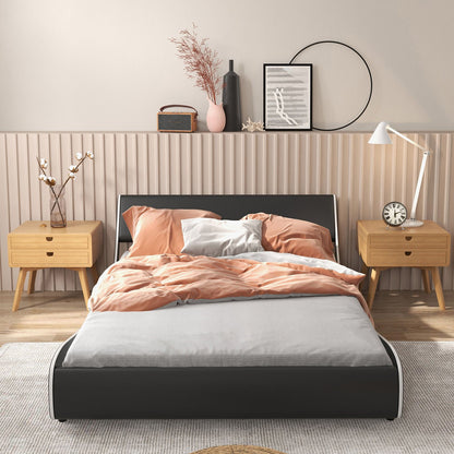 Upholstered Platform Bed Frame Low Profile Faux Leather with Curved Headboard-Full Size, Black & White
