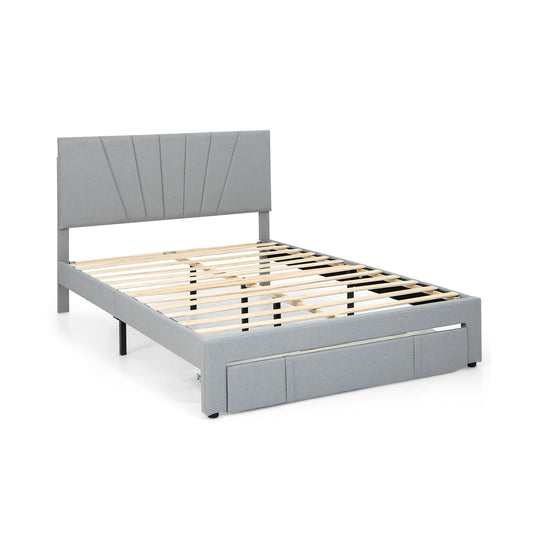 Full/Queen Size Upholstered Bed Frame with Drawer and Adjustable Headboard-Queen Size, Gray