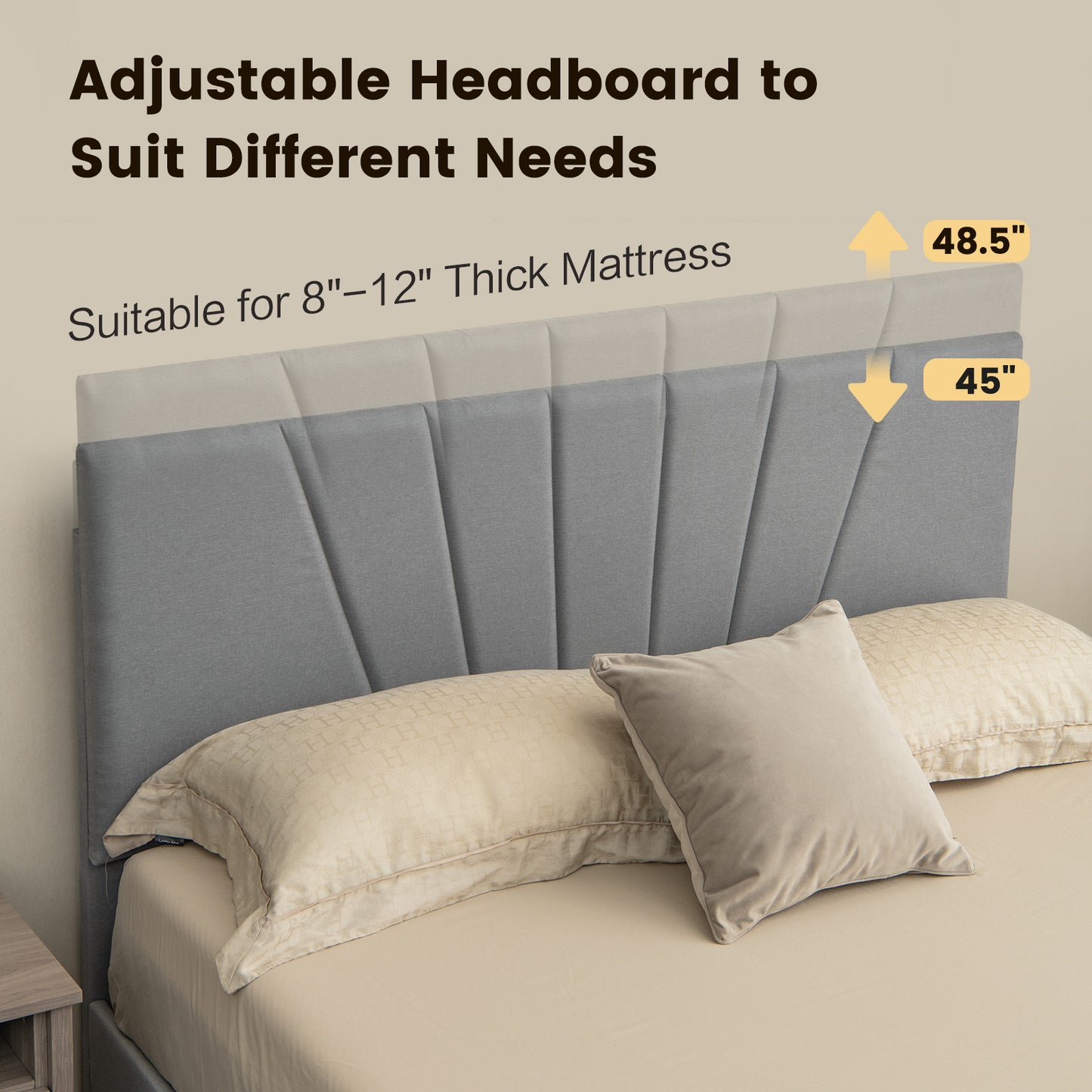 Queen Size Upholstered Bed Frame With Drawer, Adjustable Headboard, Gray Simple Bed Frame at Gallery Canada