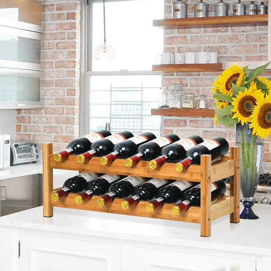 2-Tier 12 Bottles Bamboo Storage Shelf Wine Rack, Natural Wine Racks Natural at Gallery Canada
