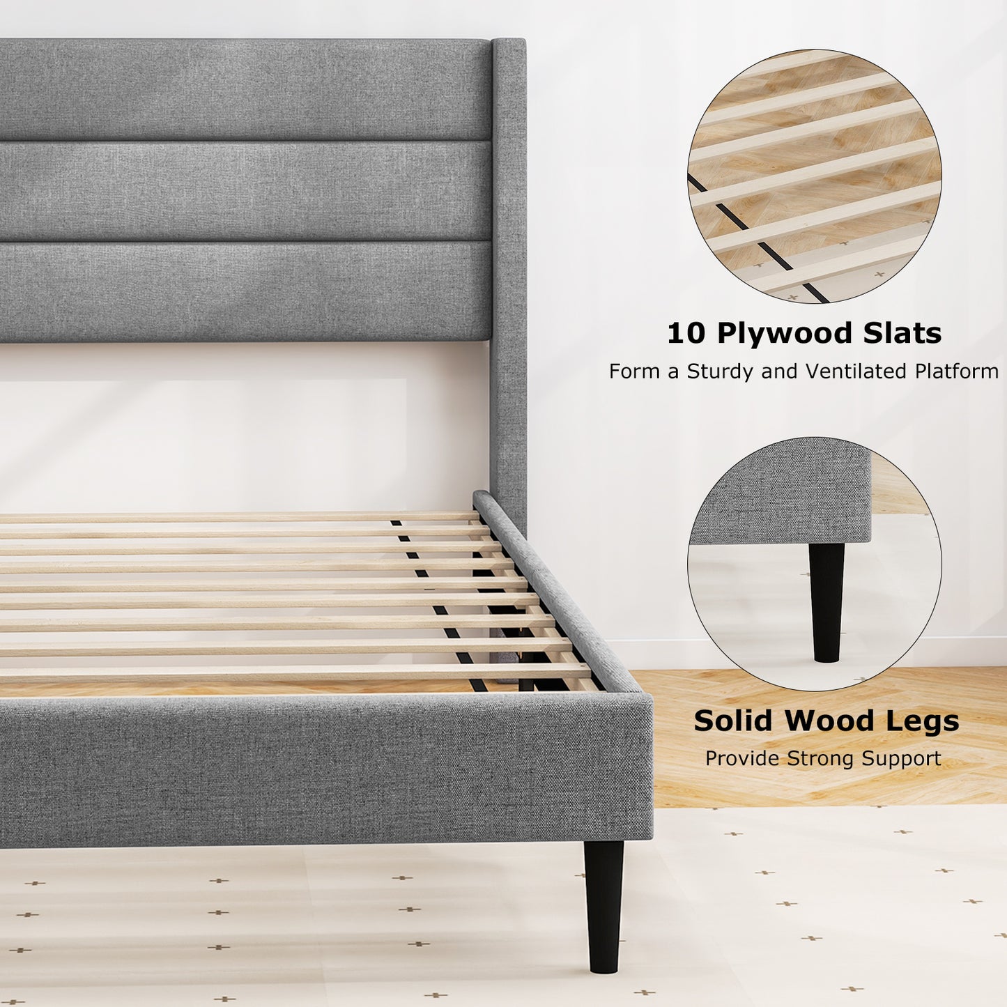 Linen Upholstered Platform Bed Frame With Wingback Headboard, Twin Size, Gray Simple Bed Frame at Gallery Canada