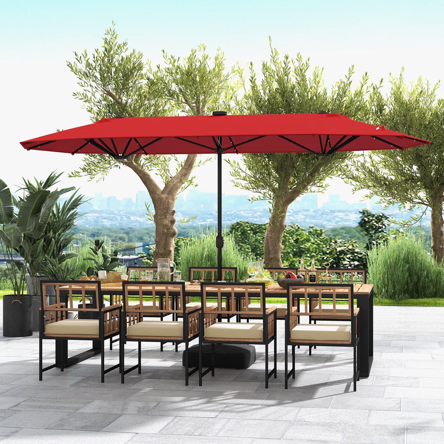 13FT Double-sided Patio Umbrella with Solar Lights for Garden Pool Backyard, Red