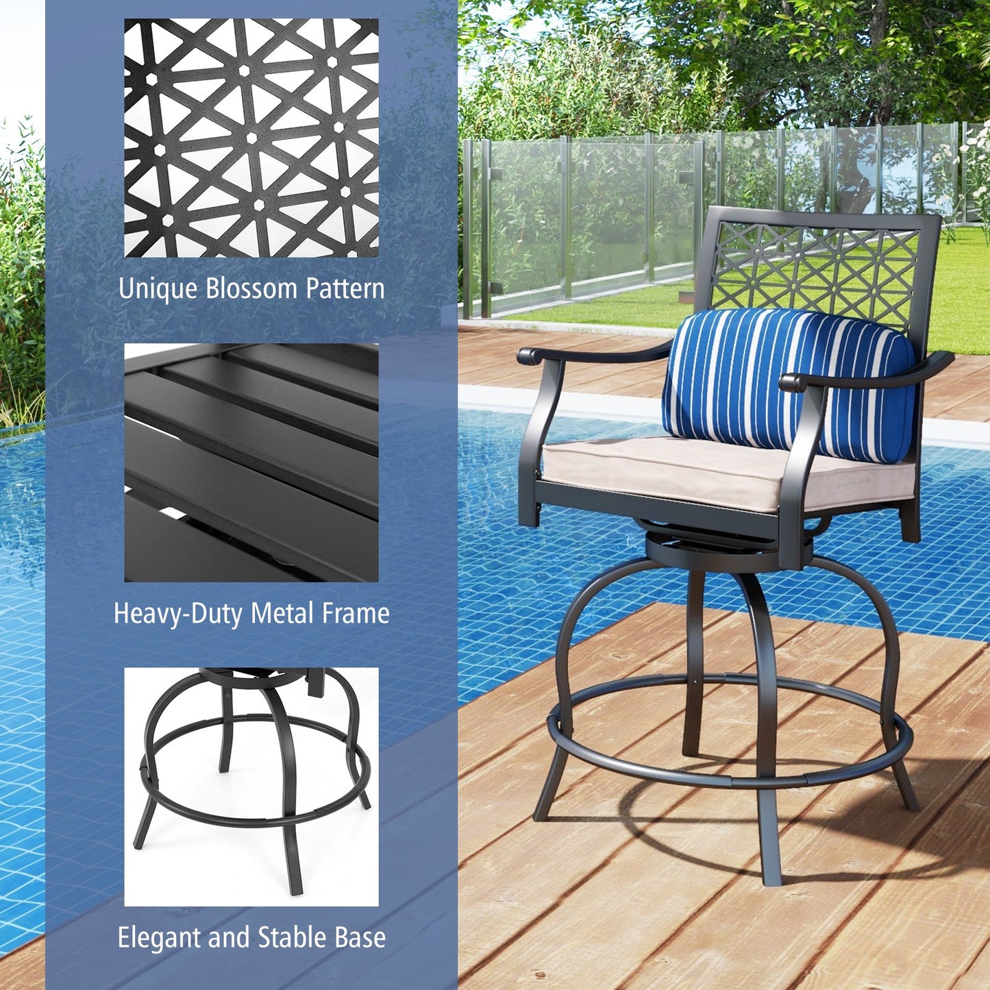 Set of 2 Outdoor Bar Height Chair with Soft Cushions, Black