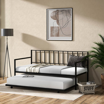 Twin Metal Daybed Sofa Bed Set with Roll Out Trundle, Black