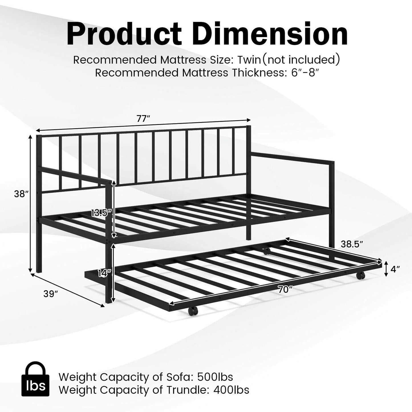 Twin Metal Daybed Sofa Bed Set with Roll Out Trundle, Black