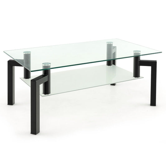 2-Tier Rectangular Glass Coffee Table with Metal Tube Legs, Black