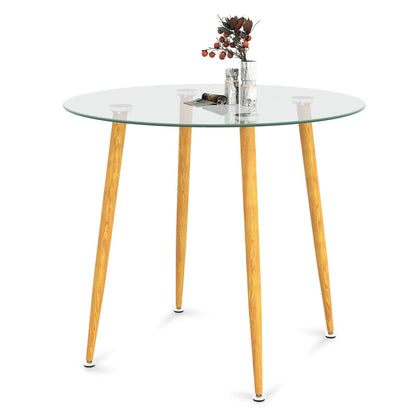 Round Glass Dining Table Leisure Coffee Table with Metal Legs, Natural