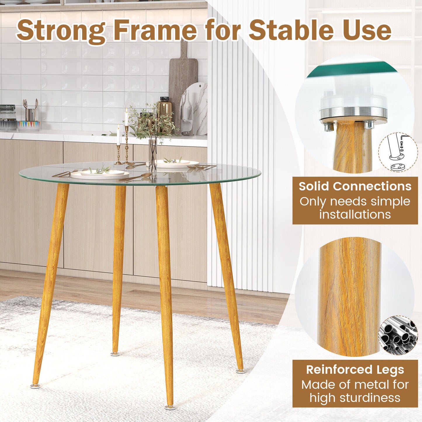 Round Glass Dining Table, Metal Legs, Natural Dining Tables at Gallery Canada