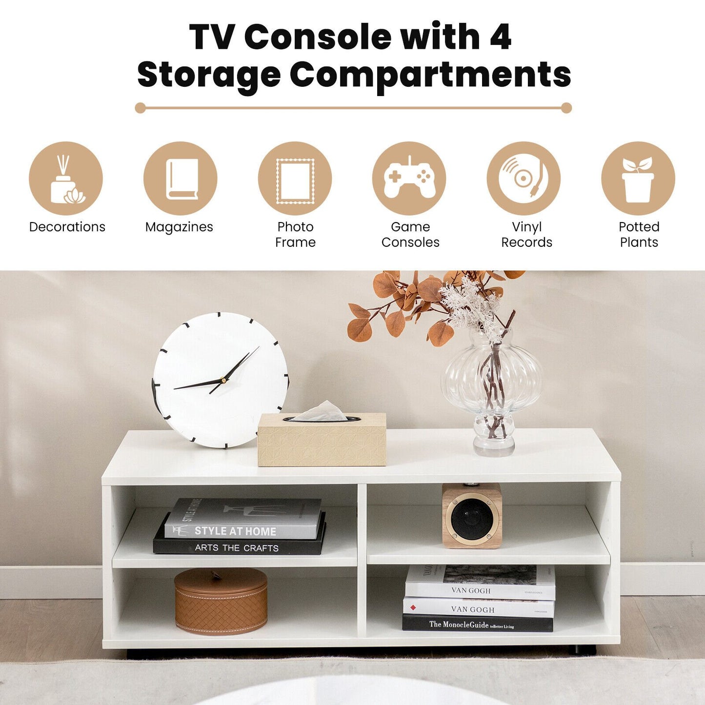 4-Cube TV Stand for TV up to 45 Inch with 5 Positions Adjustable Shelves, White