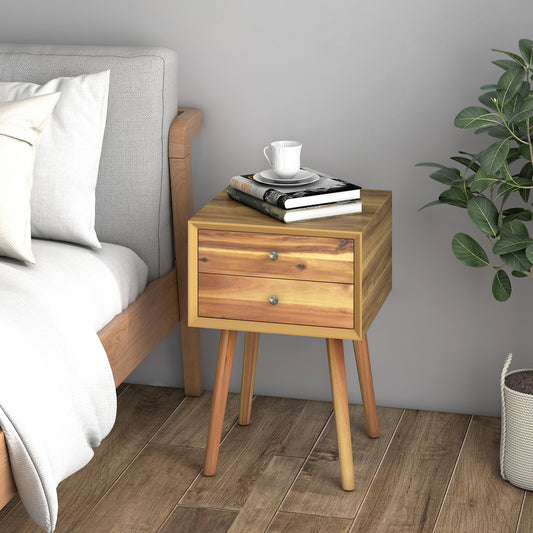 Mid-Century Wooden Nightstand, 2 Drawer Storage, Natural Nightstands Natural at Gallery Canada