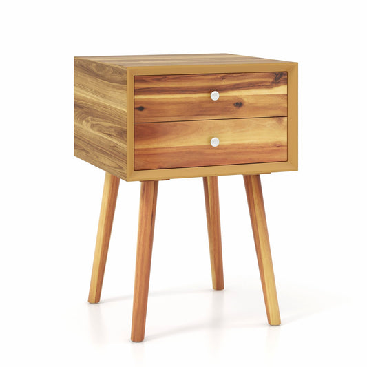 Wooden Nightstand Mid-Century End Side Table with 2 Storage Drawers, Natural