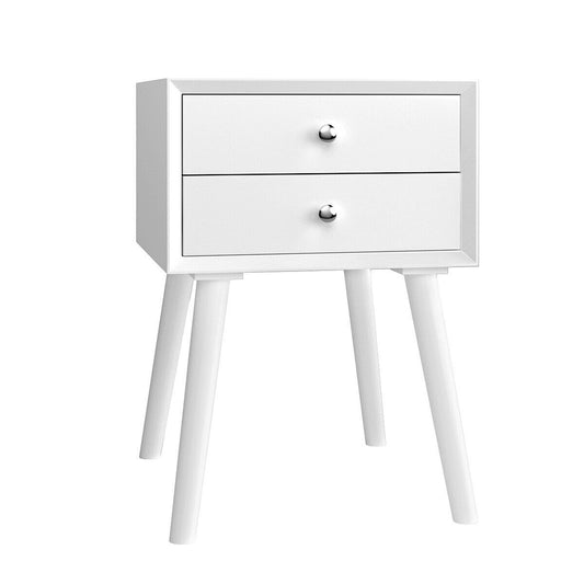 Wooden Nightstand Mid-Century End Side Table with 2 Storage Drawers, White
