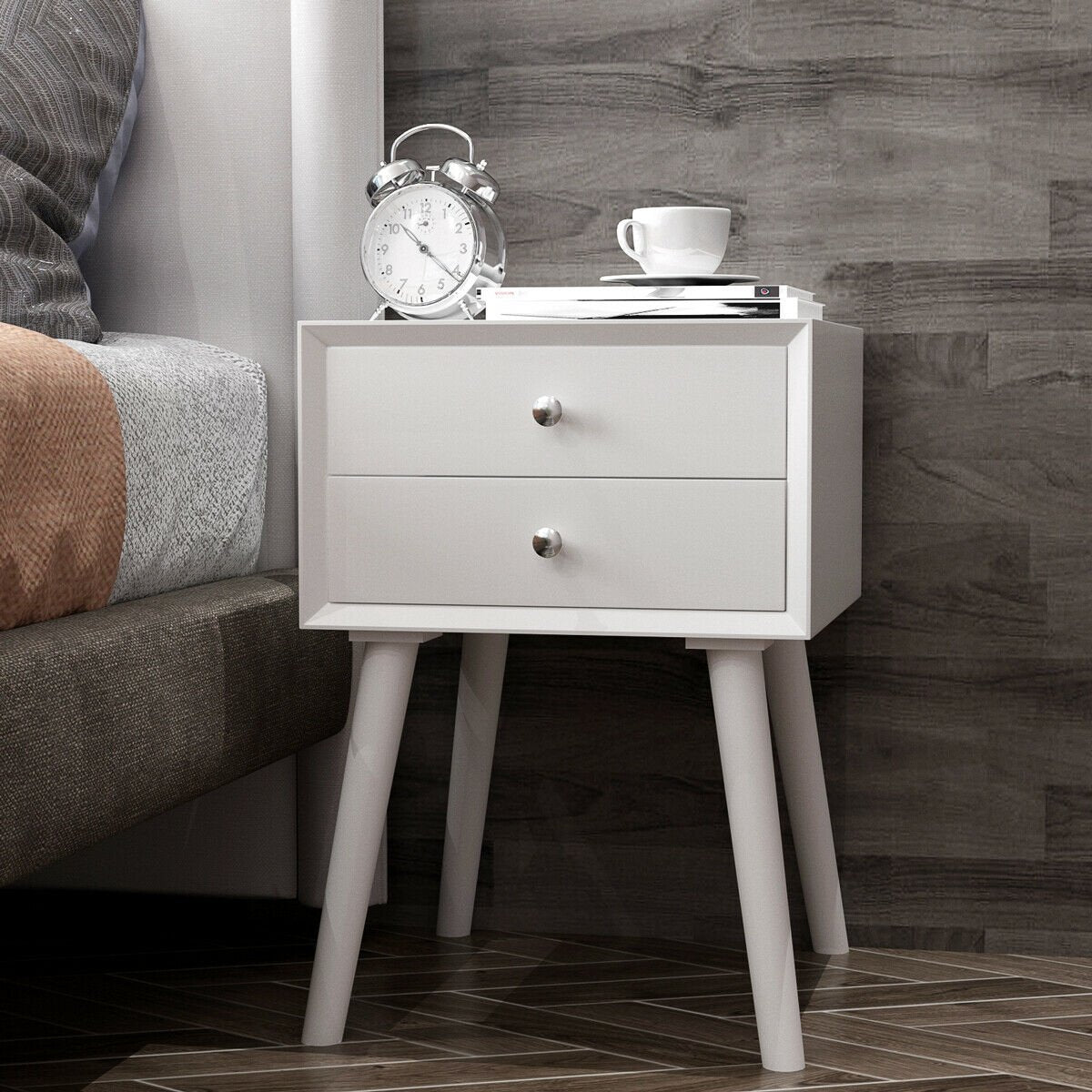 Wooden Nightstand Mid-Century End Side Table with 2 Storage Drawers, White at Gallery Canada
