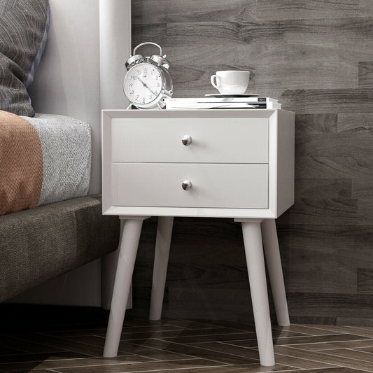 Wooden Nightstand Mid-Century End Side Table with 2 Storage Drawers, White Nightstands White at Gallery Canada