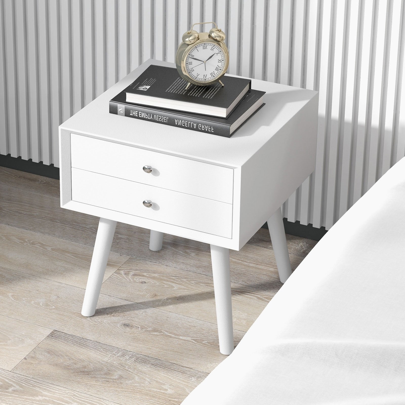 Wooden Nightstand Mid-Century End Side Table with 2 Storage Drawers, White at Gallery Canada