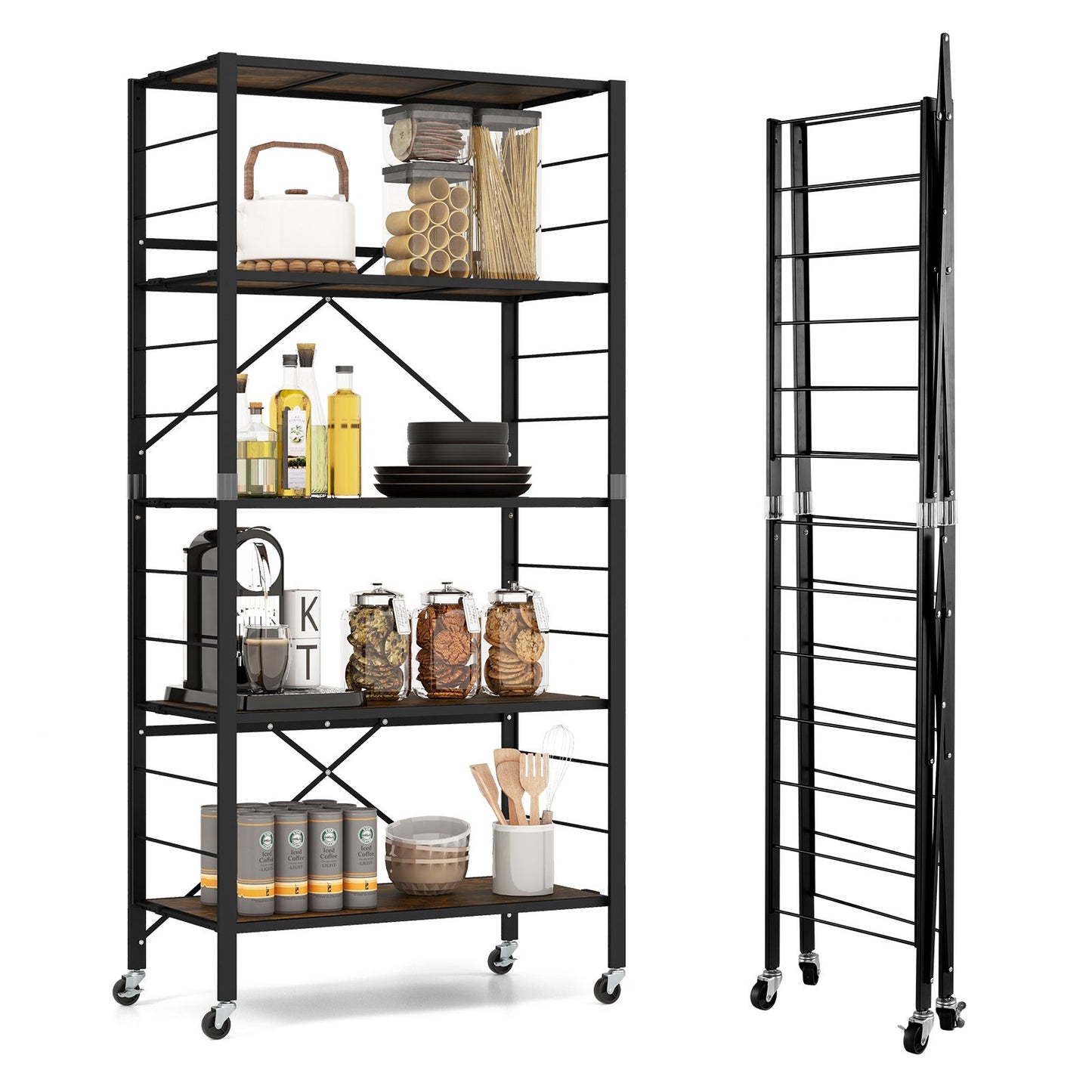 5-Tier Foldable Shelving Unit with Detachable Wheels and Anti-Toppling System, Black