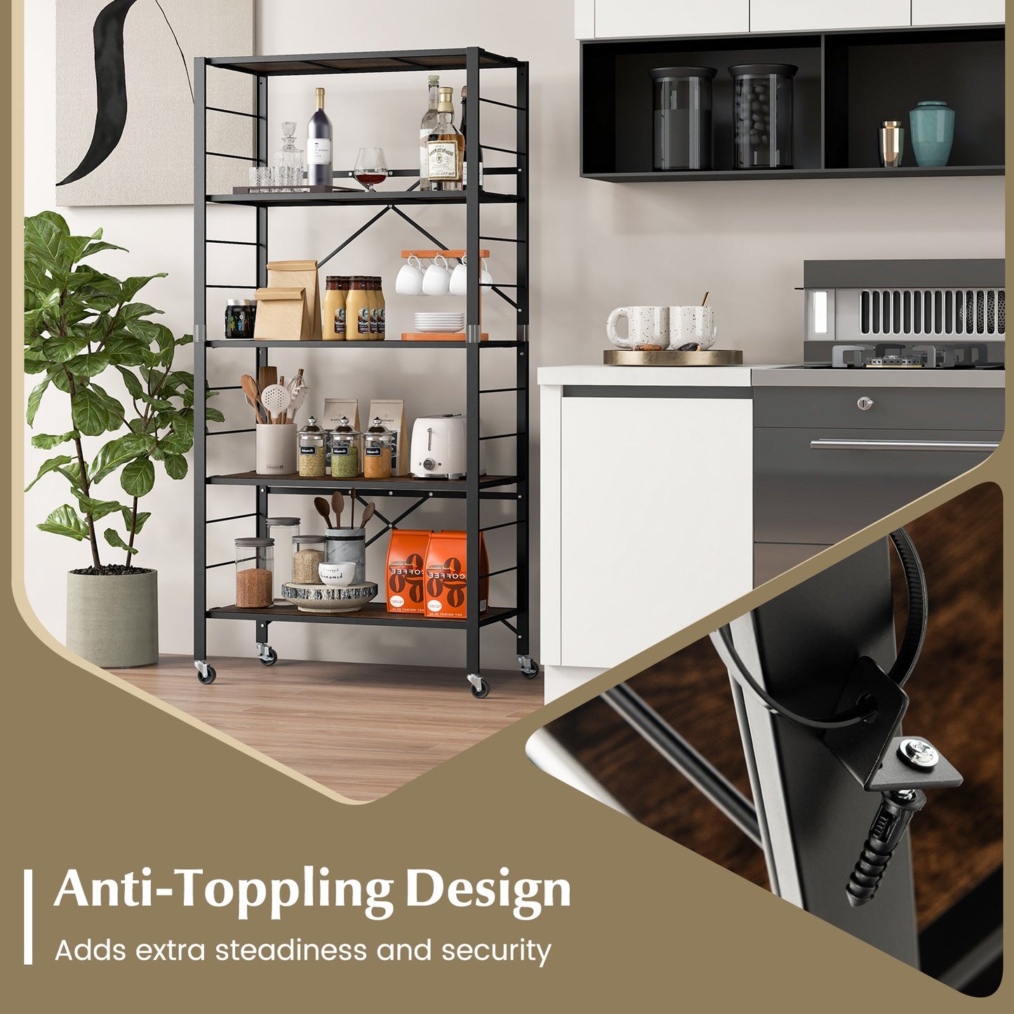 5-Tier Foldable Shelving Unit with Detachable Wheels and Anti-Toppling System, Black
