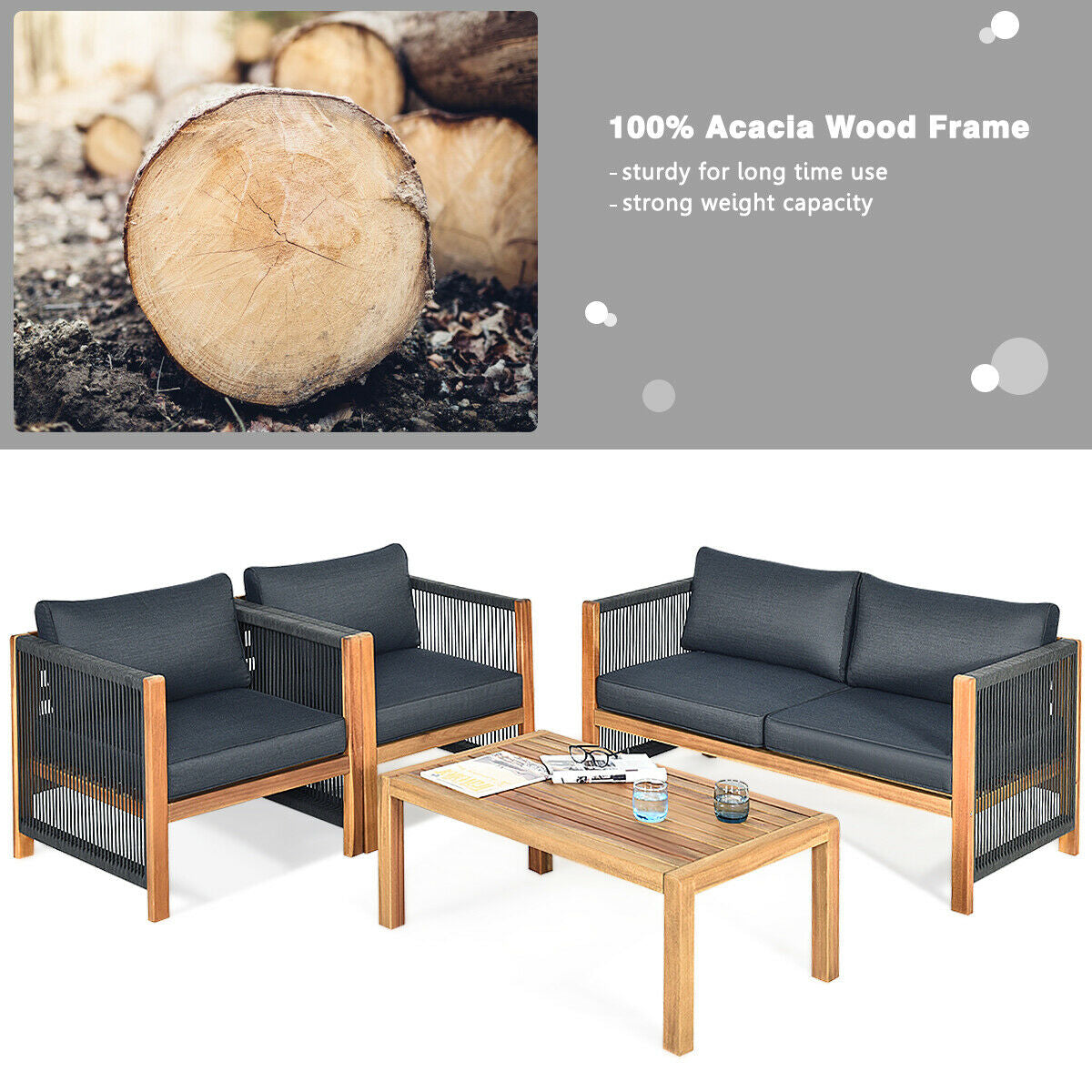 4 Pieces Acacia Wood Outdoor Patio Furniture Set, Gray Patio Conversation Sets at Gallery Canada